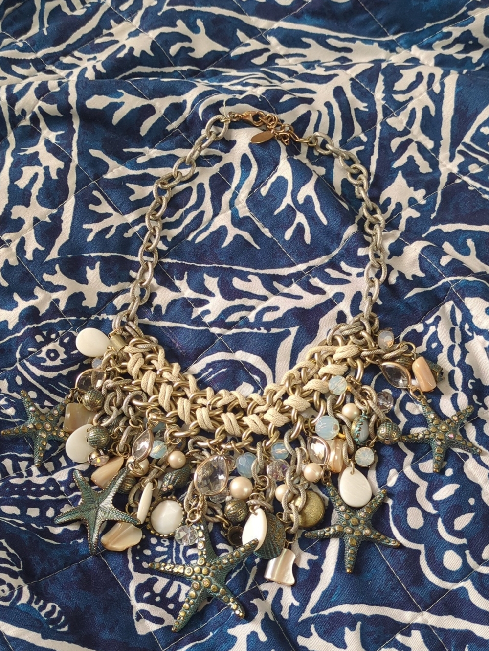 Gold-Tone Starfish Statement Necklace in Cream and Blue
